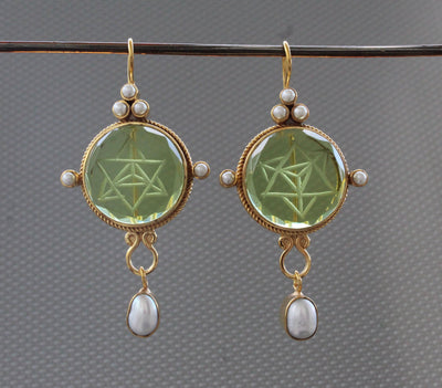 Green Merkaba Intaglio Earrings, Sacred Geometry, Gold Plated with Pearls, photo 5