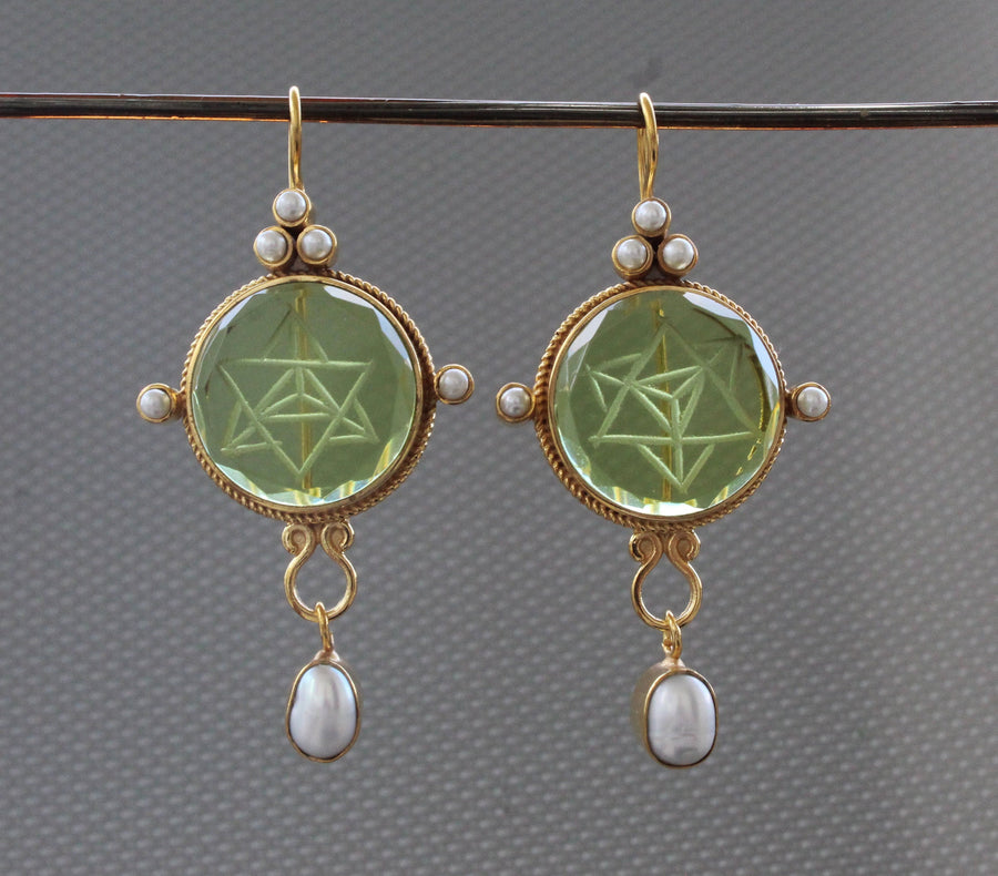 Green Merkaba Intaglio Earrings, Sacred Geometry, Gold Plated with Pearls, photo 5