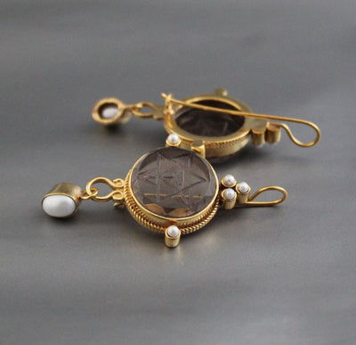 Brown Merkaba Intaglio Earrings, Victorian Style, Gold with Pearls, photo 8