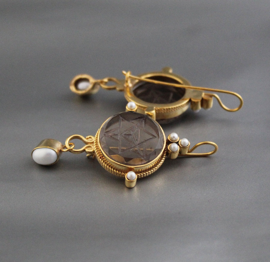 Brown Merkaba Intaglio Earrings, Victorian Style, Gold with Pearls, photo 8