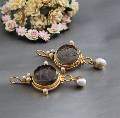 Brown Merkaba Intaglio Earrings, Victorian Style, Gold with Pearls