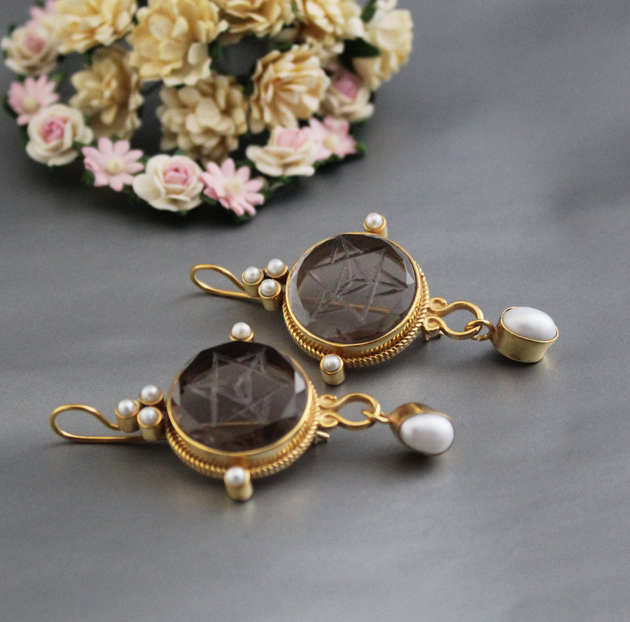 Brown Merkaba Intaglio Earrings, Victorian Style, Gold with Pearls
