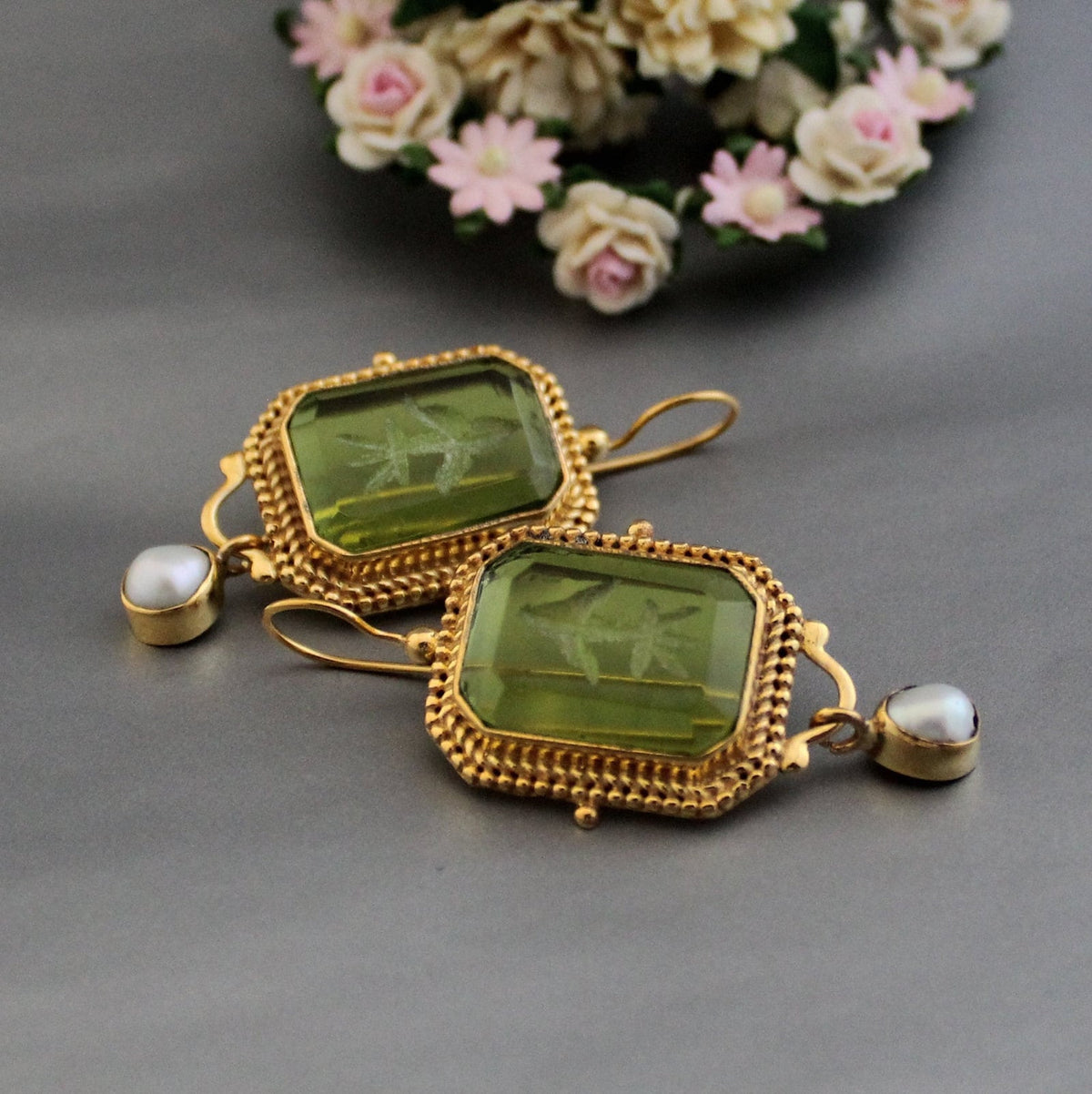 Green Intaglio Earrings, Edwardian Style, Dainty Gold