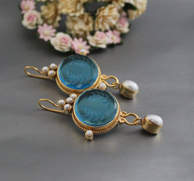Blue Glass Intaglio Dangle Earrings, Bridal Pearl Drops, Gold Vermeil