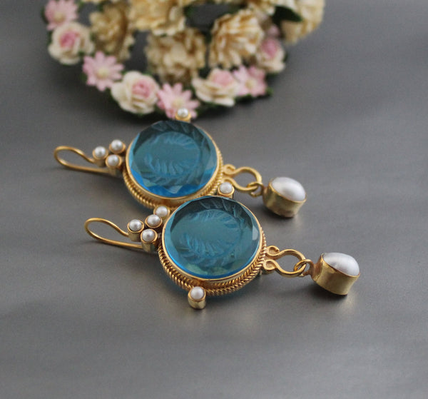 Blue Glass Intaglio Dangle Earrings, Bridal Pearl Drops, Gold Vermeil