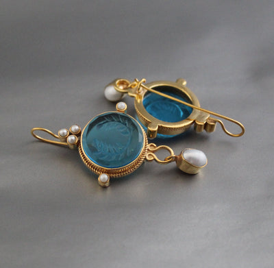 Blue Glass Intaglio Dangle Earrings, Bridal Pearl Drops, Gold Vermeil, photo 7
