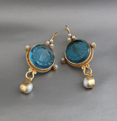 Blue Glass Intaglio Dangle Earrings, Bridal Pearl Drops, Gold Vermeil, photo 9