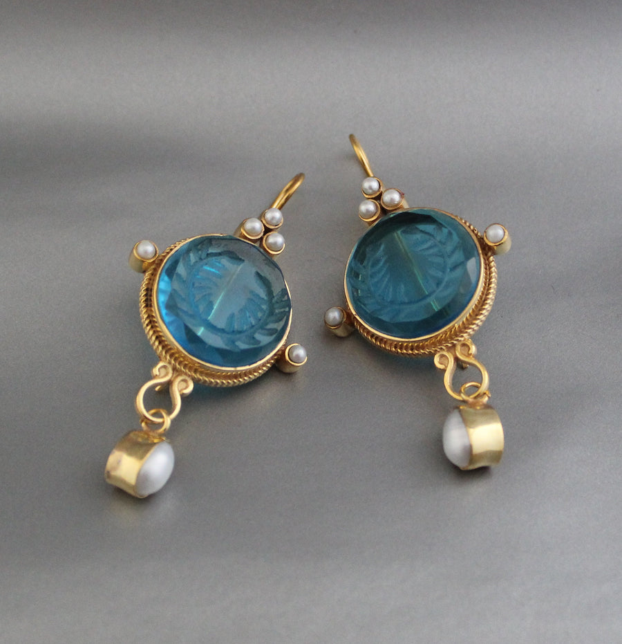 Blue Glass Intaglio Dangle Earrings, Bridal Pearl Drops, Gold Vermeil, photo 9