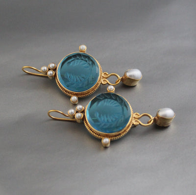 Blue Glass Intaglio Dangle Earrings, Bridal Pearl Drops, Gold Vermeil, photo 10