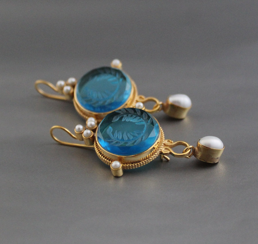Blue Glass Intaglio Dangle Earrings, Bridal Pearl Drops, Gold Vermeil, photo 5