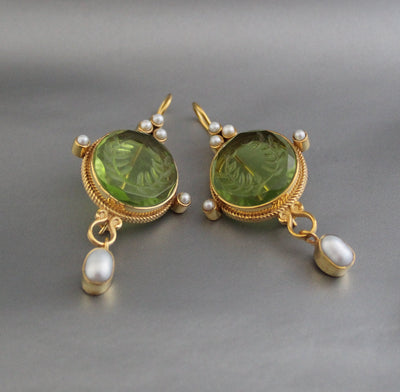 Laurel Wreath Intaglio Earrings, Gold Chandelier with Pearls, photo 2
