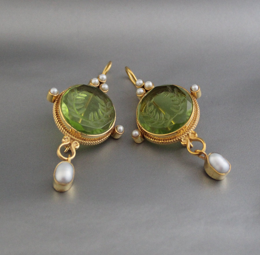 Laurel Wreath Intaglio Earrings, Gold Chandelier with Pearls, photo 2