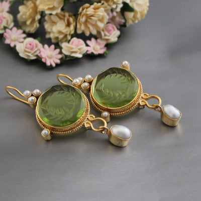 Laurel Wreath Intaglio Earrings, Gold Chandelier with Pearls