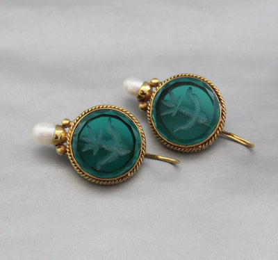 Green Glass Intaglio Earrings, Victorian Brass with Pearl, photo 2