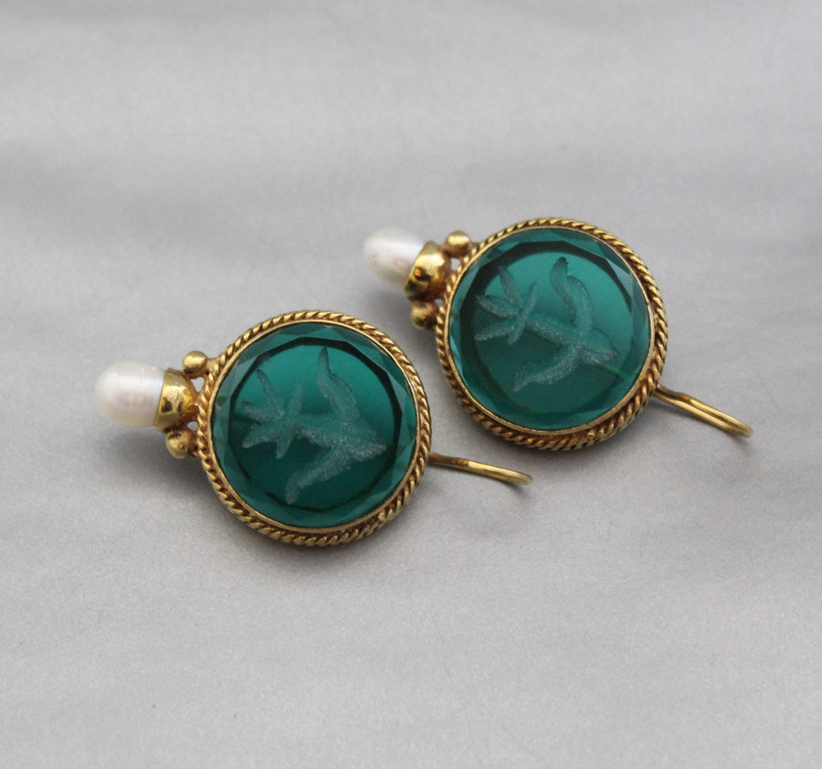 Green Glass Intaglio Earrings, Victorian Brass with Pearl, photo 2