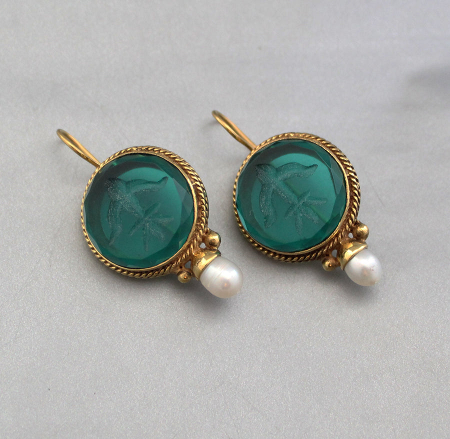 Green Glass Intaglio Earrings, Victorian Brass with Pearl, photo 5