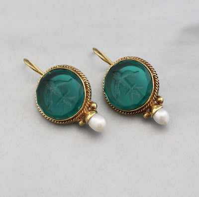 Green Glass Intaglio Earrings, Victorian Brass with Pearl, photo 6