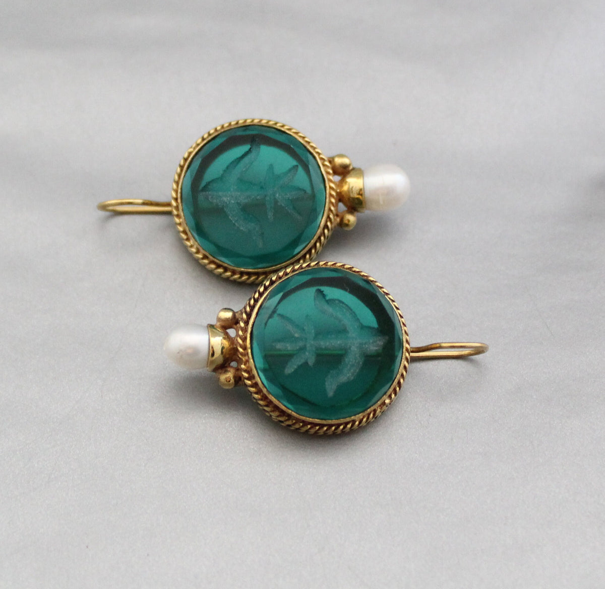 Green Glass Intaglio Earrings, Victorian Brass with Pearl, photo 9
