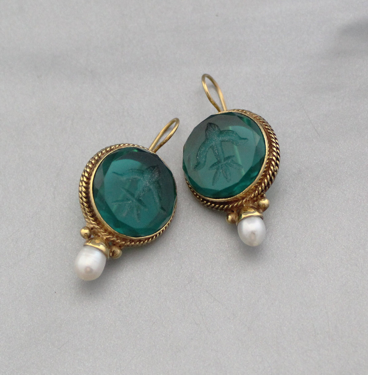Green Glass Intaglio Earrings, Victorian Brass with Pearl, photo 13