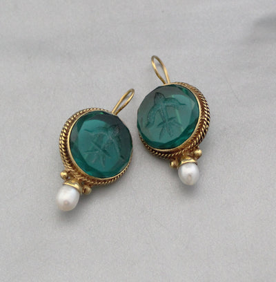 Green Glass Intaglio Earrings, Victorian Brass with Pearl, photo 13