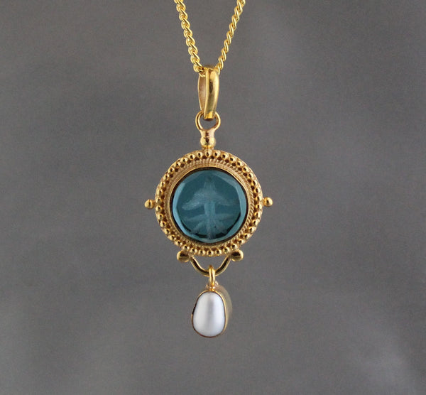 Blue Intaglio Necklace, Victorian Cameo Pendant