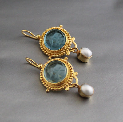 Blue Quartz Intaglio Earrings, Pearl Drops, Gold, photo 5