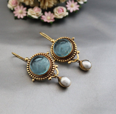 Blue Quartz Intaglio Earrings, Pearl Drops, Gold, photo 2