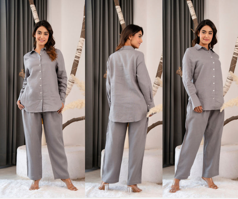 Grey Linen Two Piece Set: Button-Down Shirt & Relaxed Pants