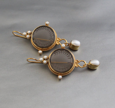 Smokey Laurel Wreath Intaglio Earrings, Edwardian Gold Vermeil, photo 9