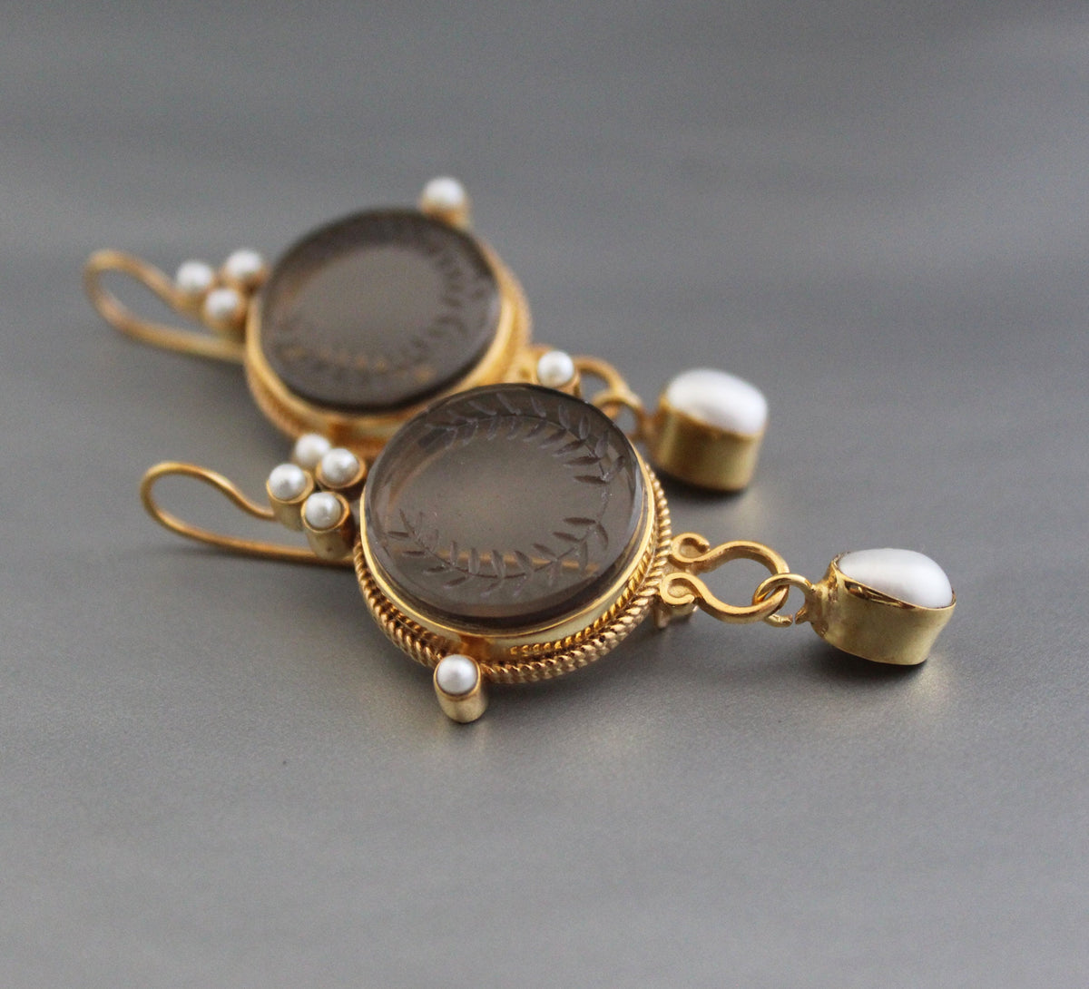 Smokey Laurel Wreath Intaglio Earrings, Edwardian Gold Vermeil, photo 10