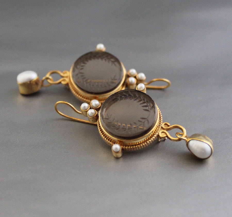 Smokey Laurel Wreath Intaglio Earrings, Edwardian Gold Vermeil, photo 2