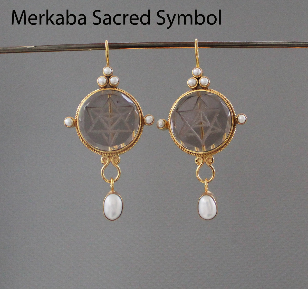 Brown Merkaba Intaglio Earrings, Victorian Style, Gold with Pearls, photo 4