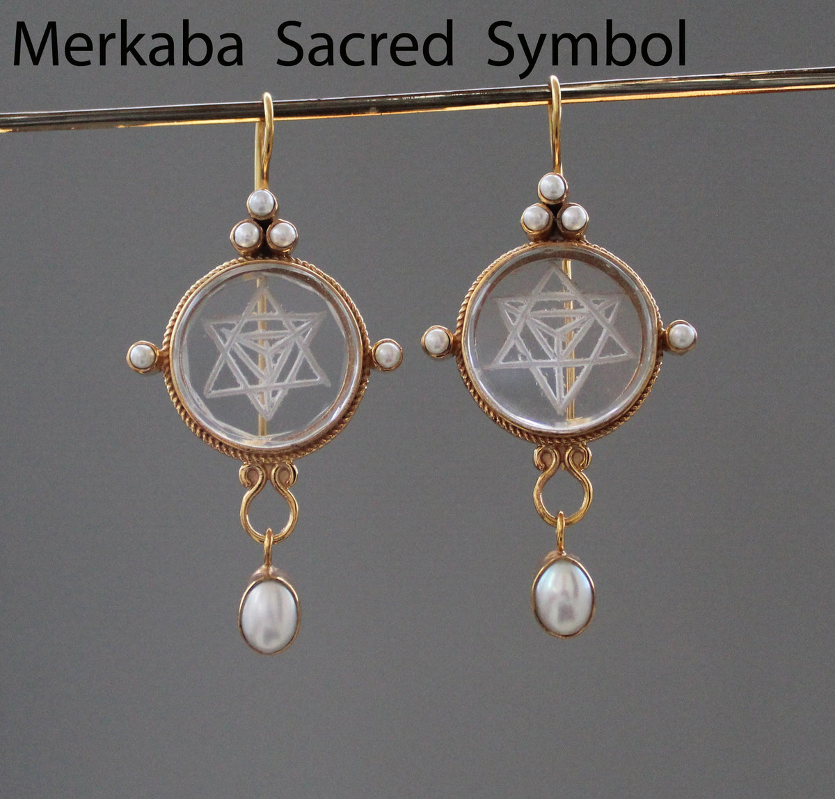 Clear Merkaba Intaglio Earrings, Sacred Geometry, Gold Plated with Pearls, photo 10