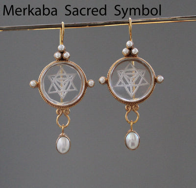 Clear Merkaba Intaglio Earrings, Sacred Geometry, Gold Plated with Pearls, photo 10
