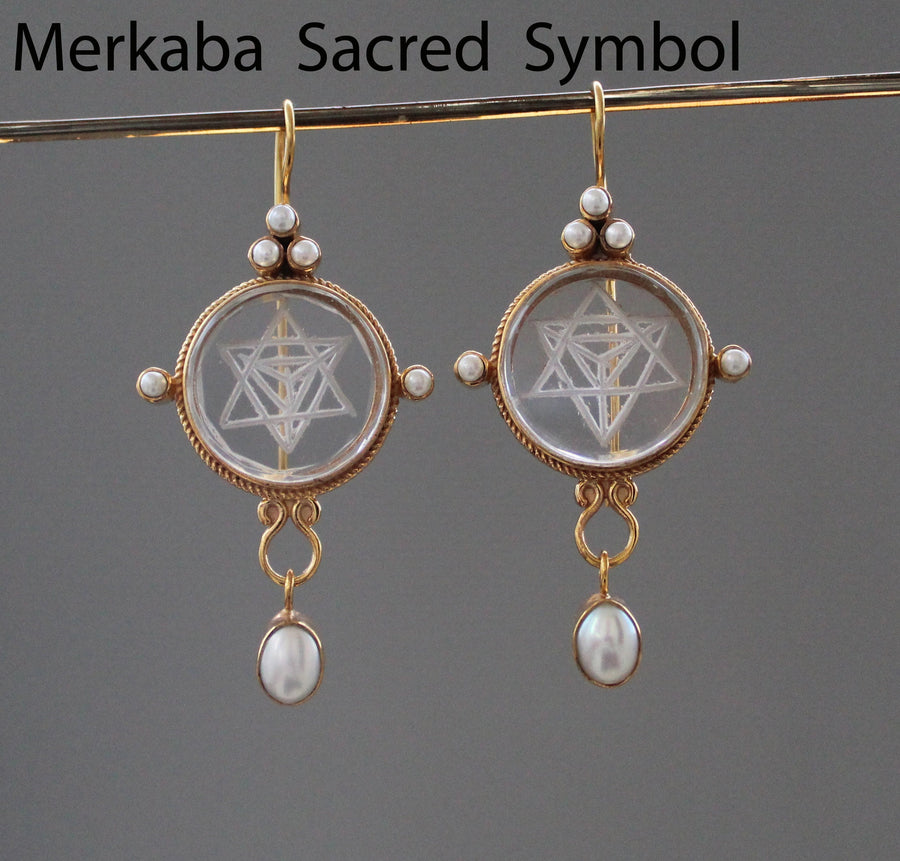 Clear Merkaba Intaglio Earrings, Sacred Geometry, Gold Plated with Pearls, photo 10