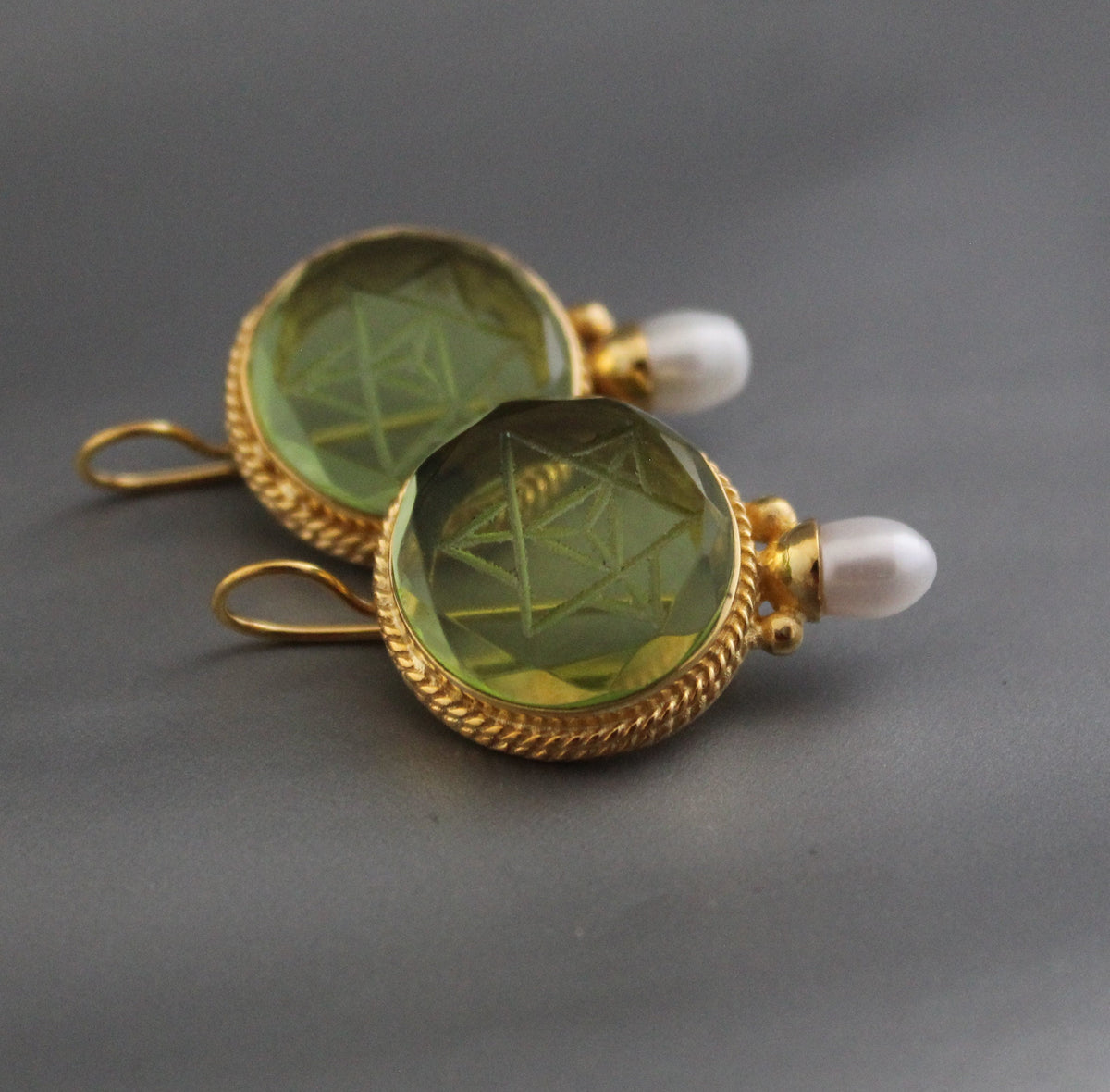 Green Merkaba Intaglio Earrings, Antique Gold Finish, photo 10