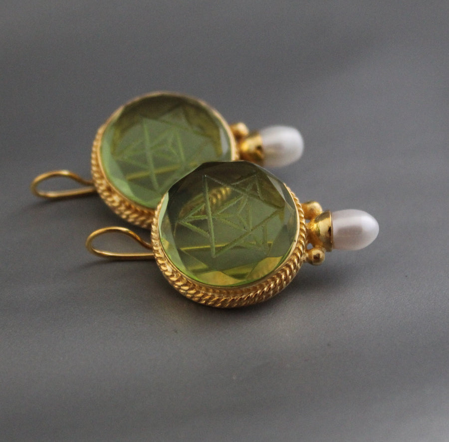 Green Merkaba Intaglio Earrings, Antique Gold Finish, photo 10