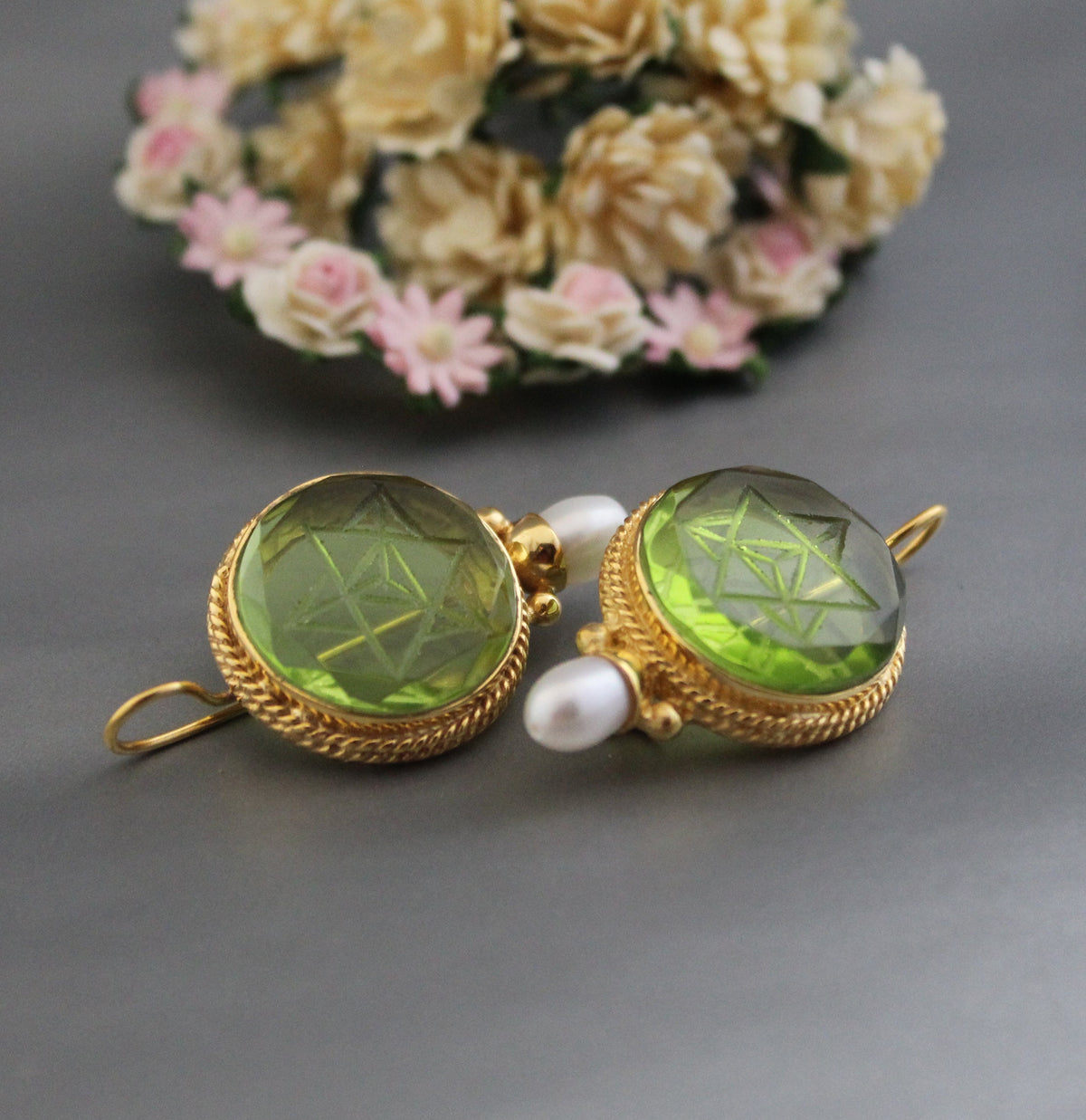 Green Merkaba Intaglio Earrings, Antique Gold Finish, photo 4