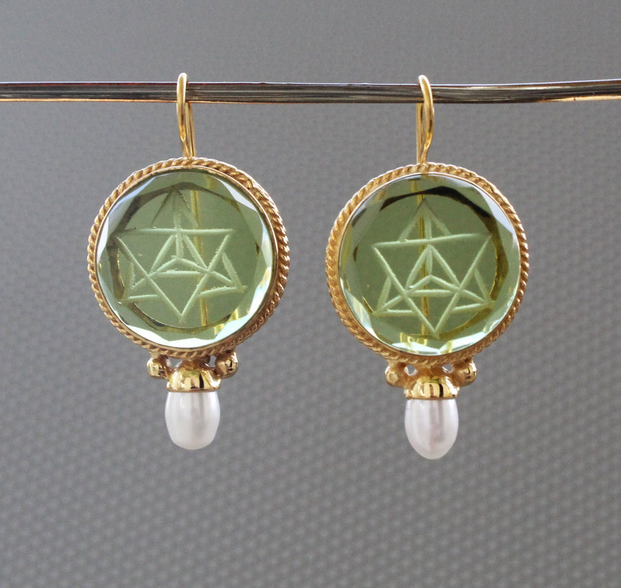 Green Merkaba Intaglio Earrings, Antique Gold Finish, photo 6