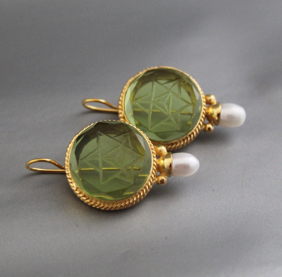 Green Merkaba Intaglio Earrings, Antique Gold Finish, photo 2