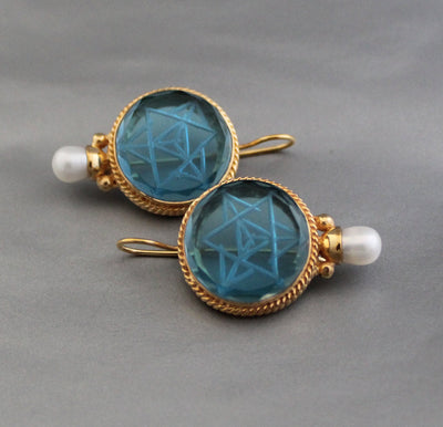 Blue Merkaba Intaglio Earrings, Victorian Pearl Style, Gold, photo 9