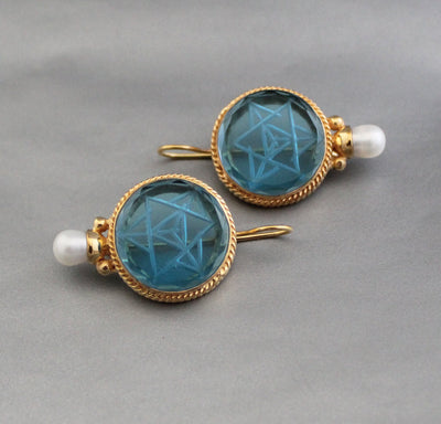 Blue Merkaba Intaglio Earrings, Victorian Pearl Style, Gold, photo 8