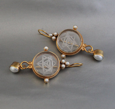 Clear Merkaba Intaglio Earrings, Sacred Geometry, Gold Plated with Pearls