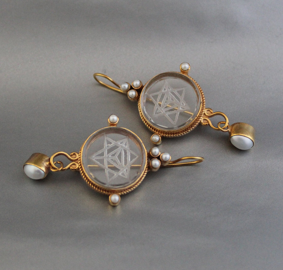 Clear Merkaba Intaglio Earrings, Sacred Geometry, Gold Plated with Pearls