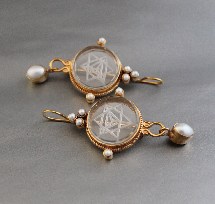Clear Merkaba Intaglio Earrings, Sacred Geometry, Gold Plated with Pearls, photo 2