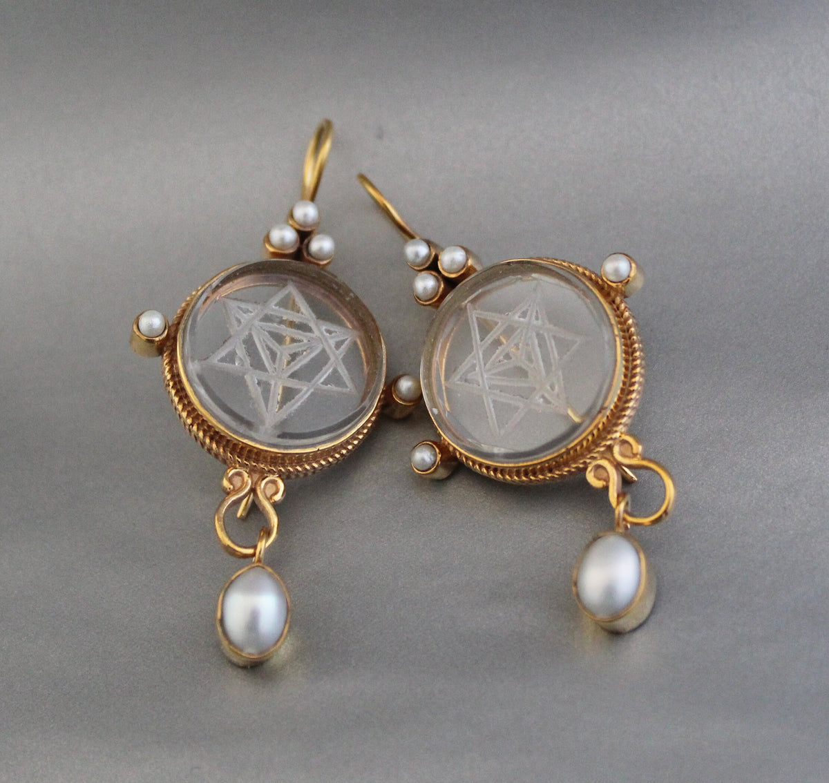 Clear Merkaba Intaglio Earrings, Sacred Geometry, Gold Plated with Pearls, photo 8