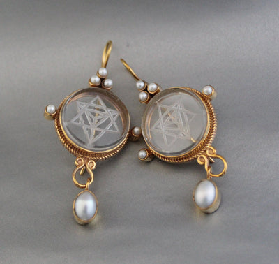 Clear Merkaba Intaglio Earrings, Sacred Geometry, Gold Plated with Pearls, photo 8