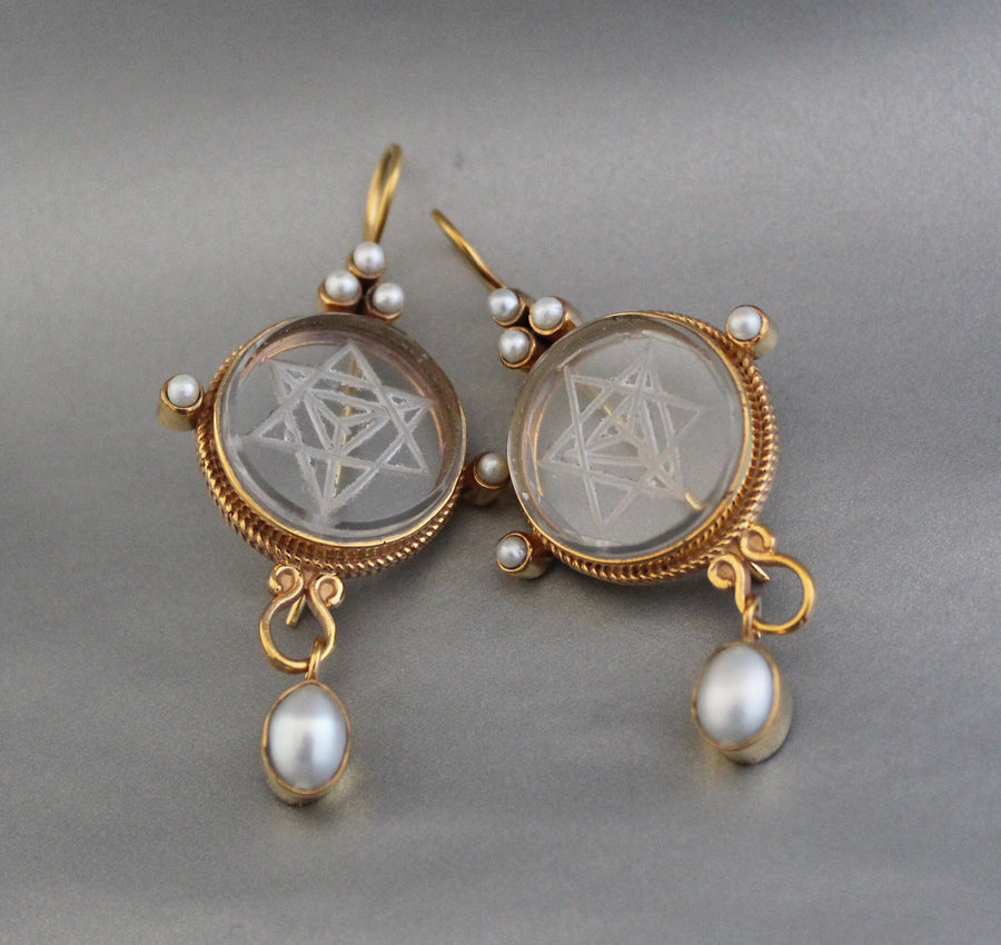 Clear Merkaba Intaglio Earrings, Sacred Geometry, Gold Plated with Pearls, photo 8