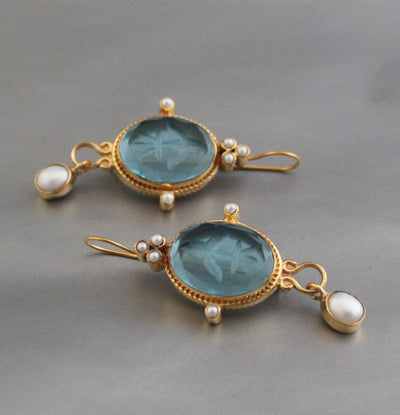 Blue Glass Intaglio Earrings, Edwardian Style, 18K Gold Vermeil, photo 2
