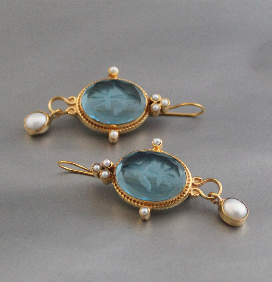 Blue Glass Intaglio Earrings, Edwardian Style, 18K Gold Vermeil, photo 2